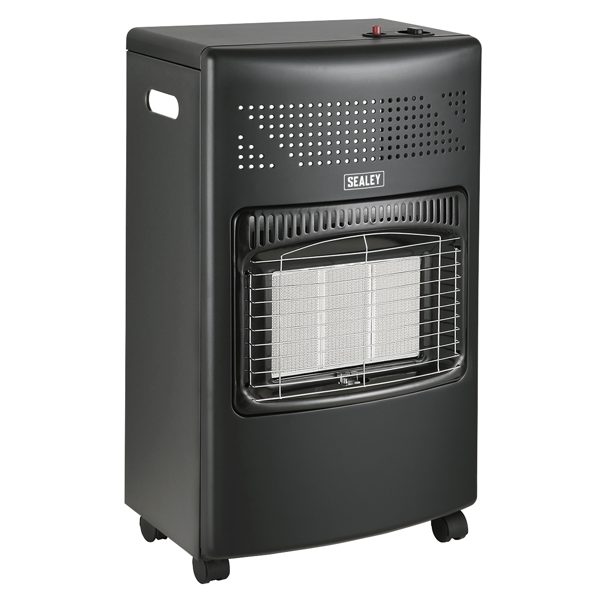 The Sealey Cabinet Gas Heater 4.2kW - CH4200 is a black portable gas heater with a front protective grill and two side handles. It features Piezoelectric ignition and a ceramic plaque cabinet heater design, all mounted on four caster wheels for enhanced mobility.