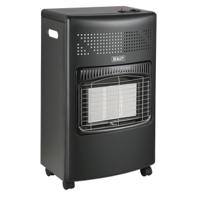 The Sealey Cabinet Gas Heater 4.2kW - CH4200 is a black portable gas heater with a front protective grill and two side handles. It features Piezoelectric ignition and a ceramic plaque cabinet heater design, all mounted on four caster wheels for enhanced mobility.