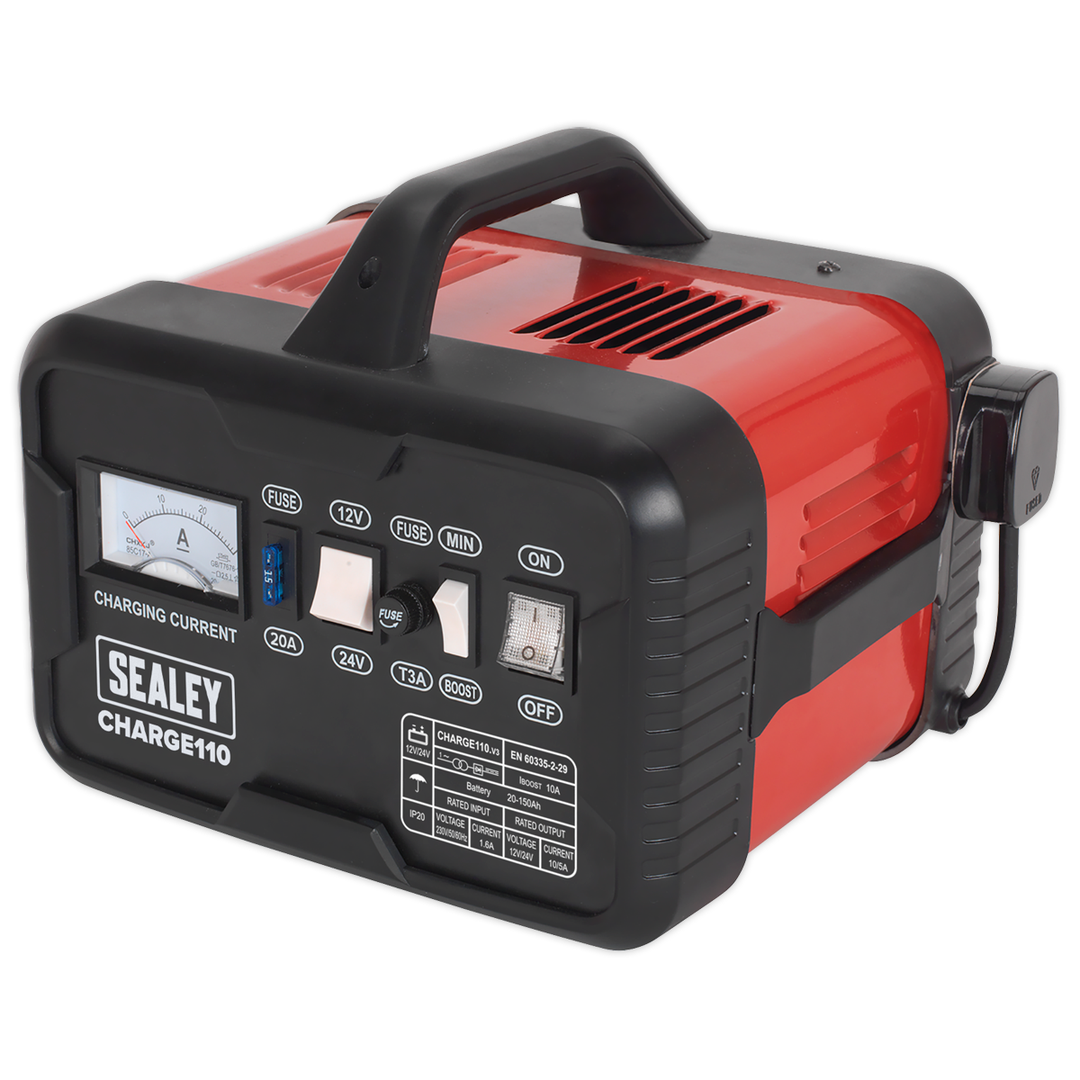 A Sealey Battery Charger 14Amp 12V/24V 230V - CHARGE110, featuring a robust steel case with a convenient carrying handle, multiple dials and switches, and an analog display for charging current, perfect for battery maintenance, set against a plain background.