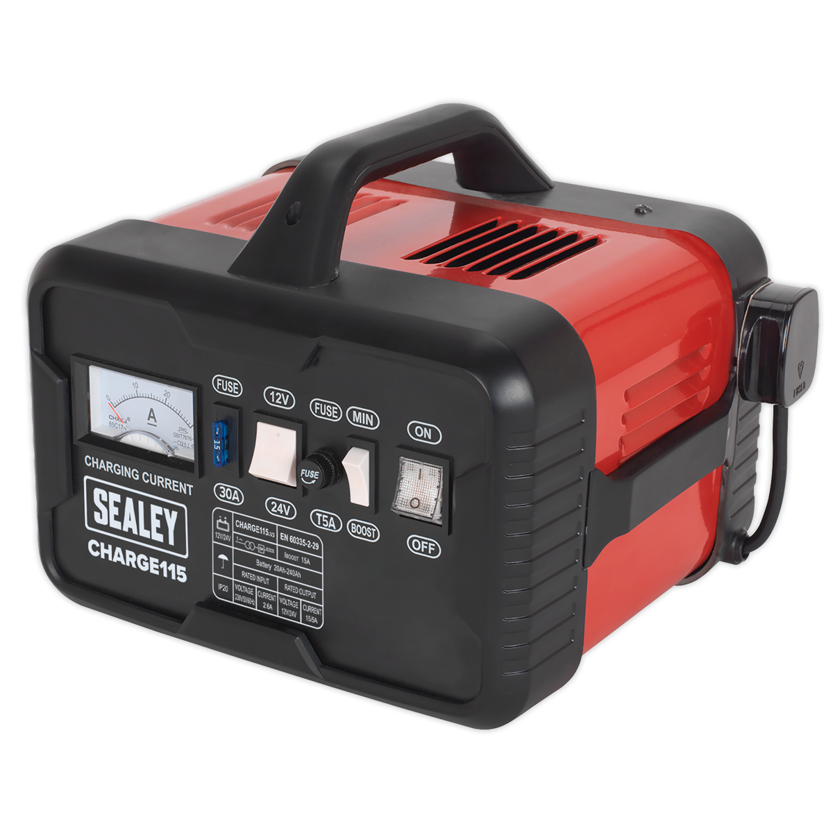 The "Sealey Battery Charger 19Amp 12V/24V 230V - CHARGE115" is a portable battery charger equipped with a handle, multiple control buttons, and a large ammeter for precise readings. Encased in a sturdy steel case, it features variable output settings to suit different charging needs.