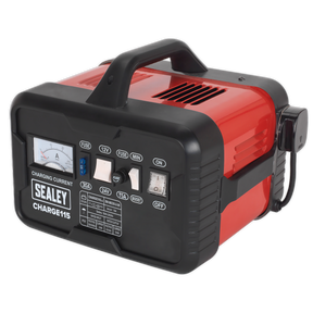 The "Sealey Battery Charger 19Amp 12V/24V 230V - CHARGE115" is a portable battery charger equipped with a handle, multiple control buttons, and a large ammeter for precise readings. Encased in a sturdy steel case, it features variable output settings to suit different charging needs.