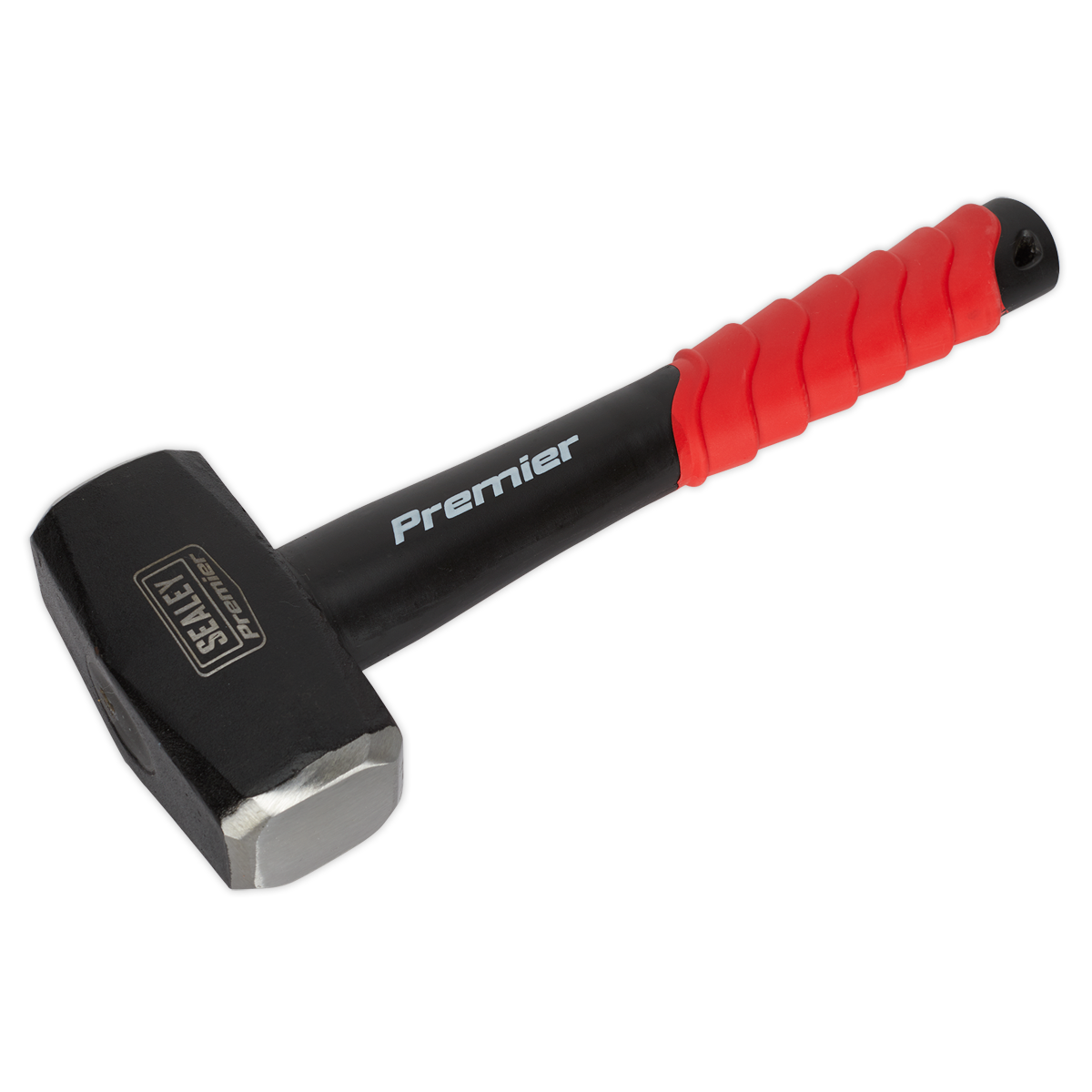 A black and red hammer with a shock-absorbing rubber grip, featuring the brand name "Sealey" and "Club Hammer 4lb Fibreglass Shaft - CHF401" printed on the handle. Crafted by Premier Hand Tools, it boasts a durable carbon steel head for lasting performance.