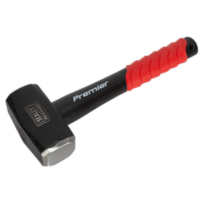 A black and red hammer with a shock-absorbing rubber grip, featuring the brand name "Sealey" and "Club Hammer 4lb Fibreglass Shaft - CHF401" printed on the handle. Crafted by Premier Hand Tools, it boasts a durable carbon steel head for lasting performance.