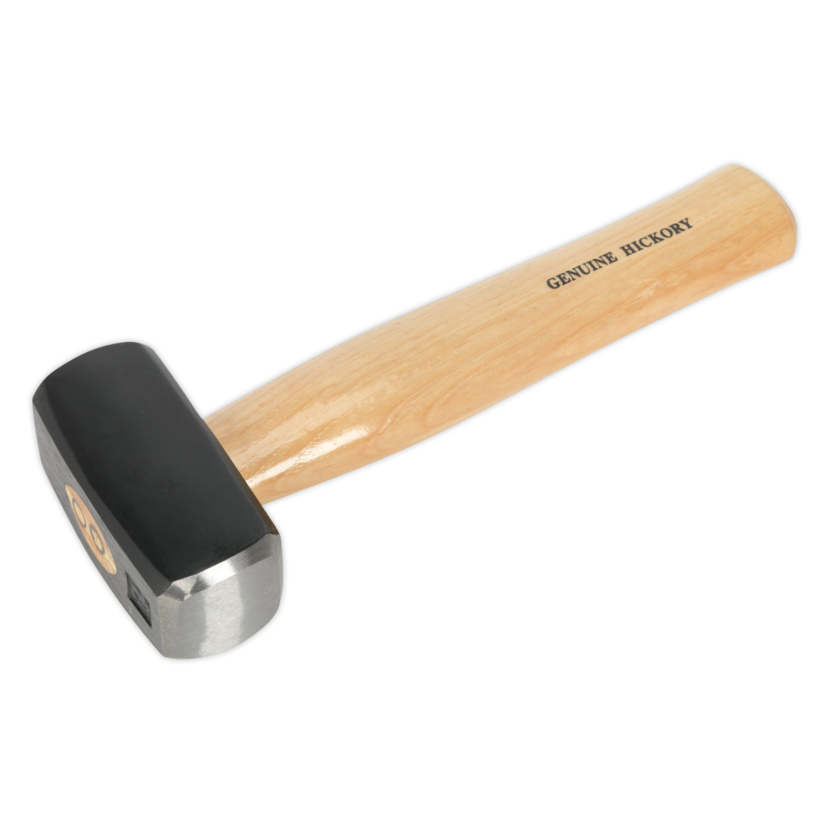 The Sealey Club Hammer 2.5lb Hickory Shaft - CHH25 features a durable, black metal head made from drop-forged carbon steel and a wooden handle labeled "Genuine Hickory." As part of the Premier Hand Tools collection, it comes with a lifetime guarantee.