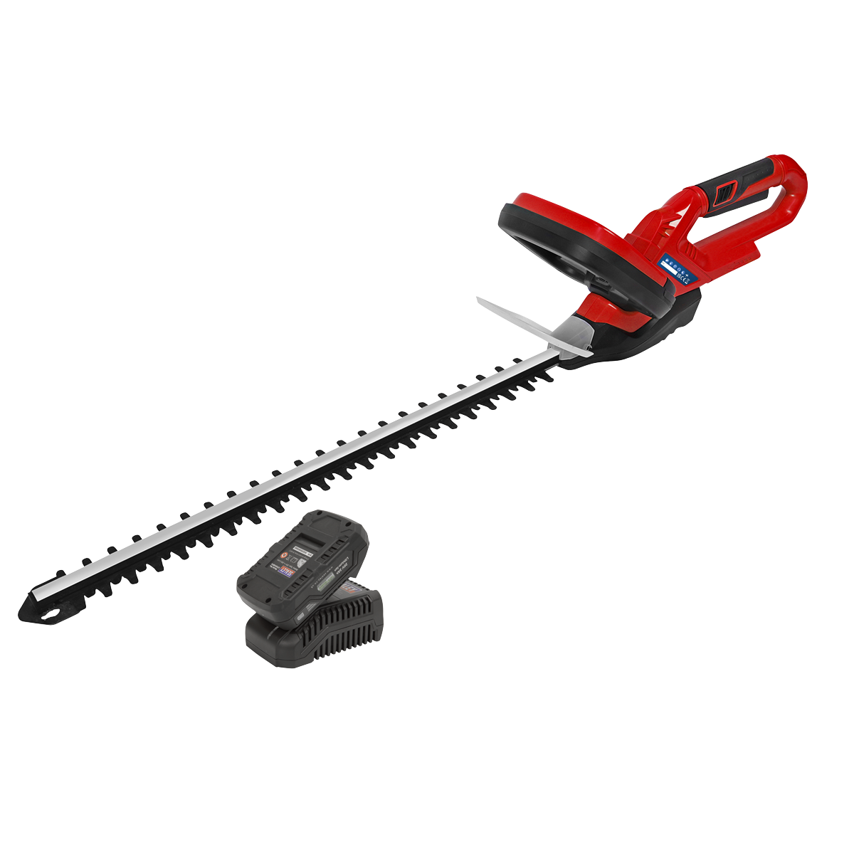 A red and black Sealey Hedge Trimmer Cordless 20V from the SV20 Series, featuring a long blade, is shown alongside its 2Ah battery and charger (model CHT20VCOMBO2). The one-battery-fits-all design ensures seamless compatibility across your tools.