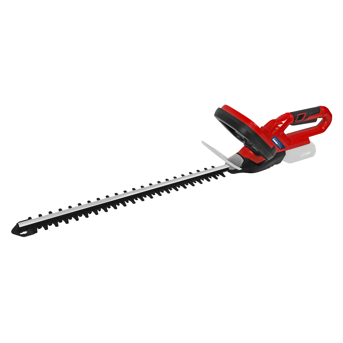 The Sealey 52cm Hedge Trimmer Cordless 20V SV20 Series - Body Only - CHT20V is a lightweight cordless trimmer in striking red and black, featuring a long blade and ergonomic handle. As part of the SV20 Series, it uses a single battery that fits all tools in the collection.