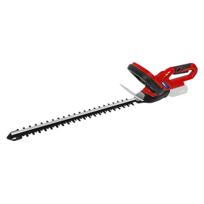 The Sealey 52cm Hedge Trimmer Cordless 20V SV20 Series - Body Only - CHT20V is a lightweight cordless trimmer in striking red and black, featuring a long blade and ergonomic handle. As part of the SV20 Series, it uses a single battery that fits all tools in the collection.