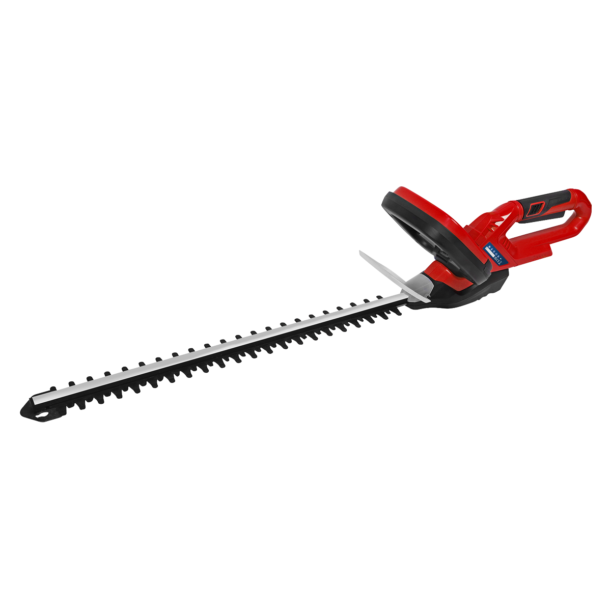 Introducing the Sealey 52cm Hedge Trimmer Cordless 20V SV20 Series - Body Only - CHT20V, a lightweight tool with a striking red and black design, a long blade, and an ergonomic handle. This efficient trimmer ensures that one battery fits all your trimming needs.