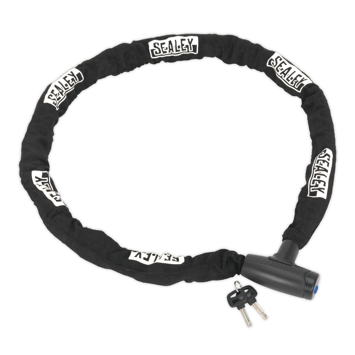 The Sealey Motorcycle Chain Lock 10mm x 1.5m - CL9512 in black features a protective covered chain and a triple bearing locking system, with keys attached to the lock.