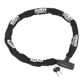 The Sealey Motorcycle Chain Lock 10mm x 1.5m - CL9512 in black features a protective covered chain and a triple bearing locking system, with keys attached to the lock.