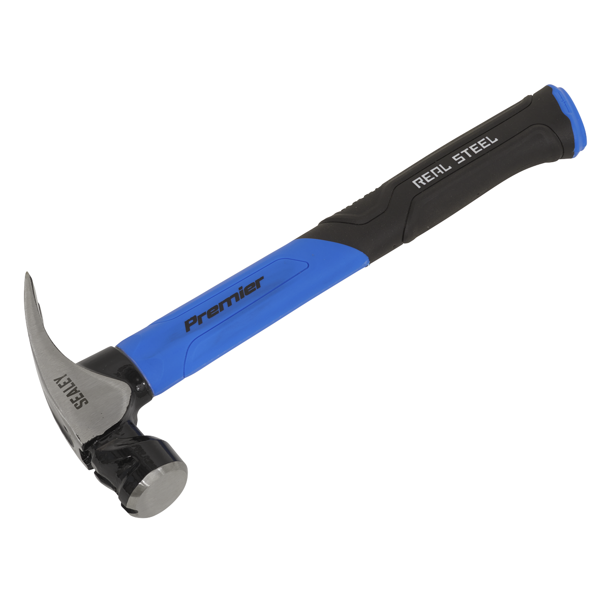 A blue and black Sealey claw hammer with a fibreglass shaft, featuring "Premier" and "Real Steel" branding, a magnetic nail starter for convenience, and "SAFETY" engraved on the 20oz metal head (Model: CLHG20).