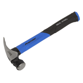 A blue and black Sealey claw hammer with a fibreglass shaft, featuring "Premier" and "Real Steel" branding, a magnetic nail starter for convenience, and "SAFETY" engraved on the 20oz metal head (Model: CLHG20).