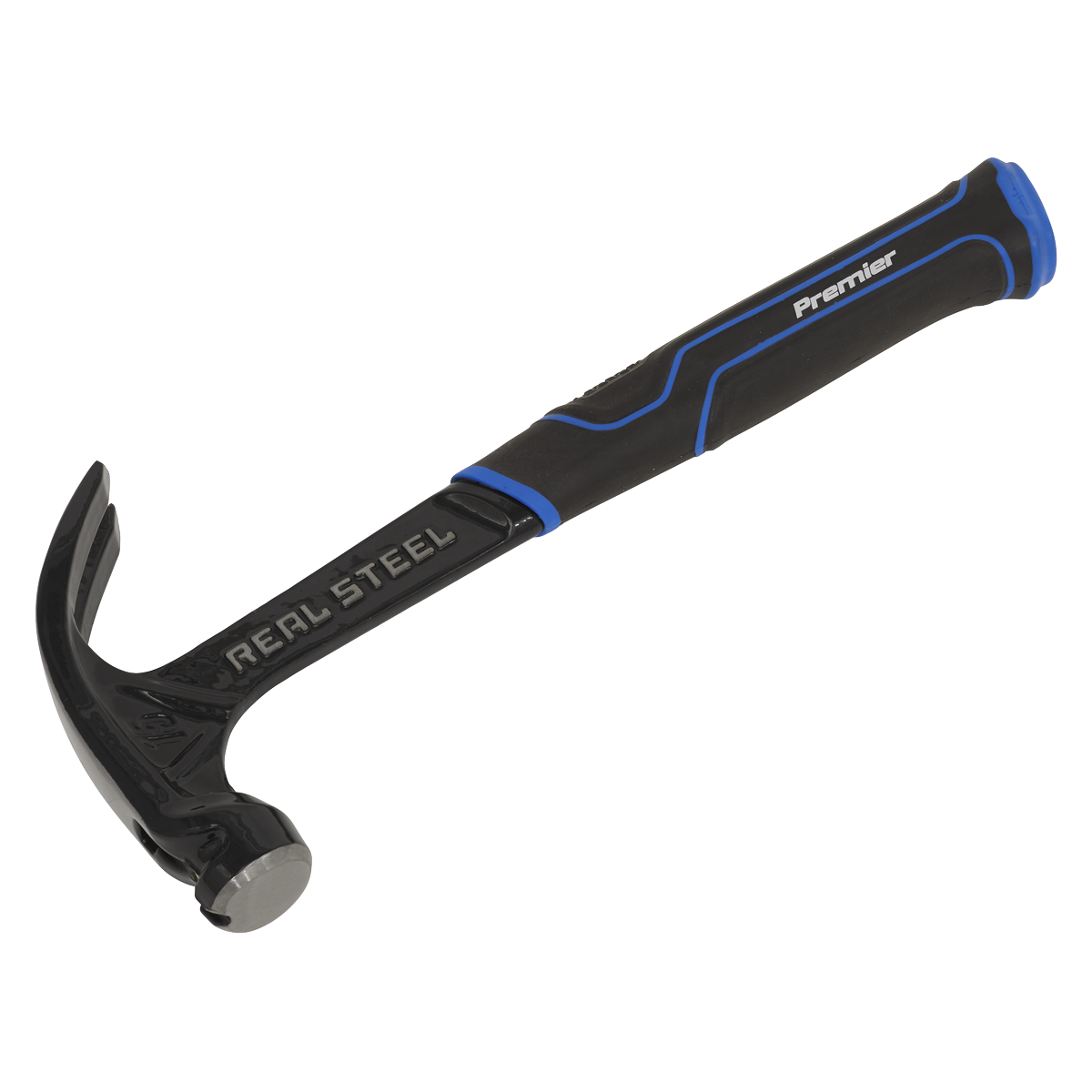 The Sealey Claw Hammer 15oz - One-Piece - CLHX15 is designed with a shock-reducing rubber grip handle in black and blue, featuring the phrases "Real Steel" and "Premier Hand Tools" printed on it, along with a magnetic nail starter for added convenience.