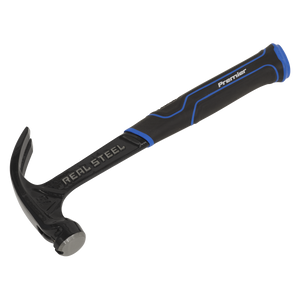 The Sealey Claw Hammer 15oz - One-Piece - CLHX15 is designed with a shock-reducing rubber grip handle in black and blue, featuring the phrases "Real Steel" and "Premier Hand Tools" printed on it, along with a magnetic nail starter for added convenience.