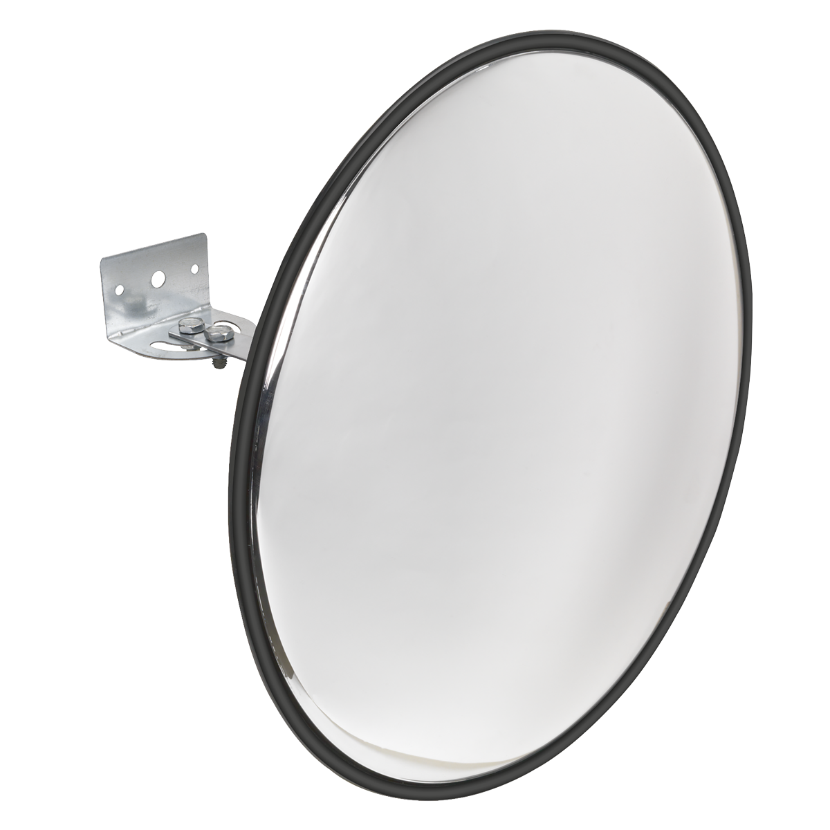 The Sealey CM450 Convex Mirror Wall Mounting Ø450mm features a round design with a black edge, a metal mounting bracket, and an adjustable swivel joint for enhanced visibility.