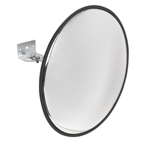 The Sealey CM450 Convex Mirror Wall Mounting Ø450mm features a round design with a black edge, a metal mounting bracket, and an adjustable swivel joint for enhanced visibility.