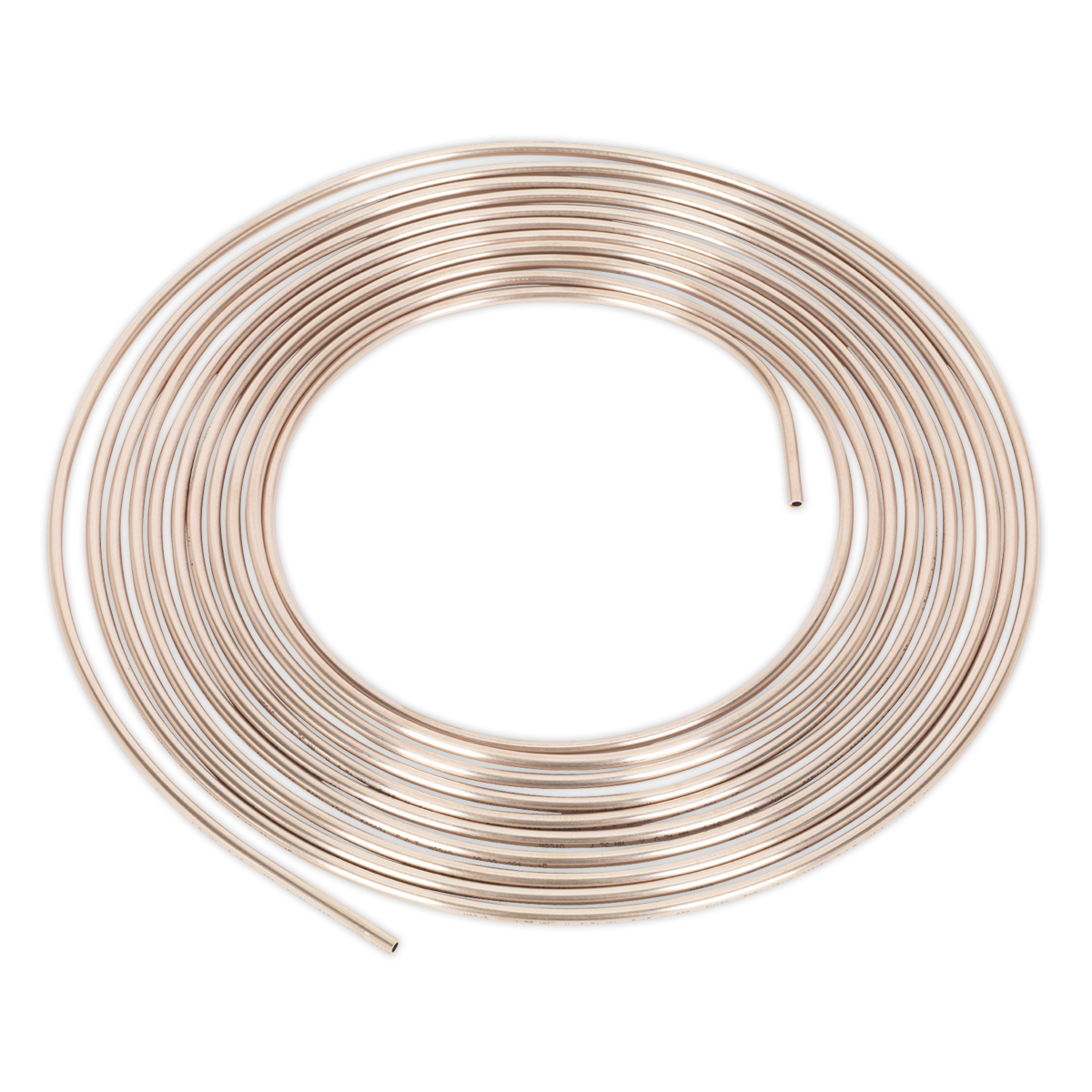 A 25ft coil of Sealey Brake Pipe Seamless Tube Cupro-Nickel 22 Gauge 3/16" BS EN 12449 CW024A - CNP316 is neatly wound in a circular shape against a white background.