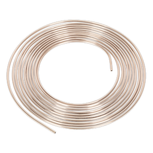 A 25ft coil of Sealey Brake Pipe Seamless Tube Cupro-Nickel 22 Gauge 3/16" BS EN 12449 CW024A - CNP316 is neatly wound in a circular shape against a white background.