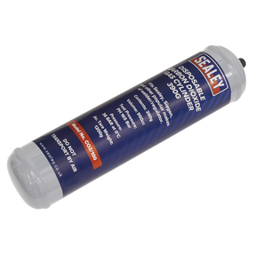 A white Sealey Gas Cylinder Disposable Carbon Dioxide 390g - CO2/100, displaying product information and instructions in blue, red, and white text on the label. Perfect for use with a mobile welder.