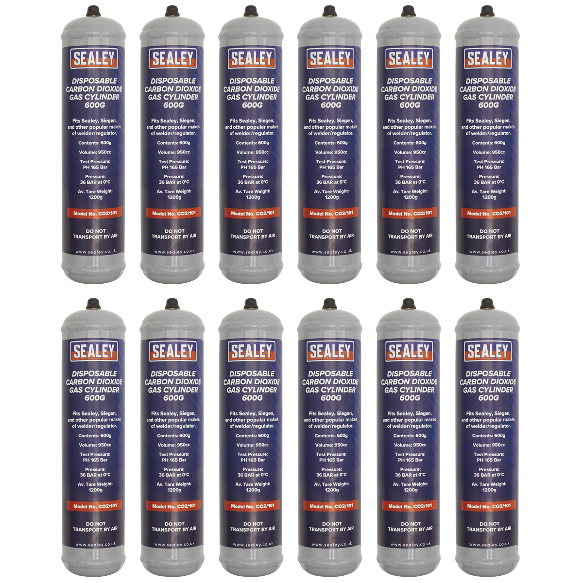 The image depicts a box containing twelve Sealey Gas Cylinder Disposable Carbon Dioxide 600g - CO2/101/12, neatly arranged in four rows of three. These gray cylinders feature blue and red labeling, making them an ideal choice for use with a welding regulator and perfect for a mobile welder setup.