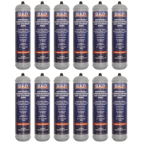 The image depicts a box containing twelve Sealey Gas Cylinder Disposable Carbon Dioxide 600g - CO2/101/12, neatly arranged in four rows of three. These gray cylinders feature blue and red labeling, making them an ideal choice for use with a welding regulator and perfect for a mobile welder setup.