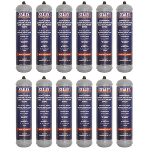 The image depicts a box containing twelve Sealey Gas Cylinder Disposable Carbon Dioxide 600g - CO2/101/12, neatly arranged in four rows of three. These gray cylinders feature blue and red labeling, making them an ideal choice for use with a welding regulator and perfect for a mobile welder setup.