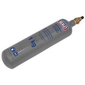 The Sealey Gas Refill Carbon Dioxide 1000g - CO2/1KG/REFIL, featuring a brass valve, is perfect for use with Model No's AK7, AK9, AK10, and AK20 and standard burns for heating or welding. Ideal for jobbing welders or Sealey Mightymig welders.