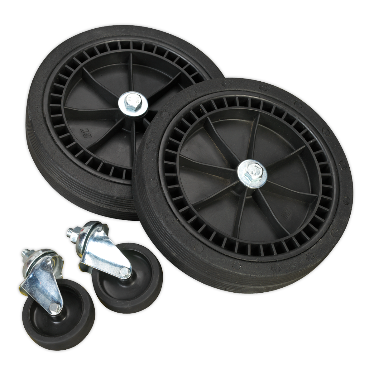 Two large black wheels with spokes and axles, included in the Sealey Wheel Kit for Fixed Compressors - 2 Castors & 2 Fixed (COMPKIT5), are placed next to two smaller castor wheels with metal brackets.