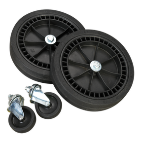 Two large black wheels with spokes and axles, included in the Sealey Wheel Kit for Fixed Compressors - 2 Castors & 2 Fixed (COMPKIT5), are placed next to two smaller castor wheels with metal brackets.
