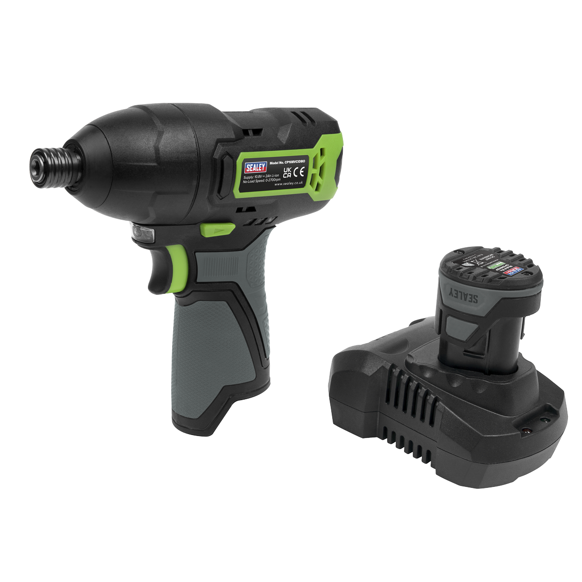 A Sealey Cordless Impact Driver 1/4" Hex Drive 10.8V 2Ah SV10.8 Series - CP108VCID, in a sleek black and green design with a variable speed setting, is displayed next to its rechargeable lithium-ion battery and charger.