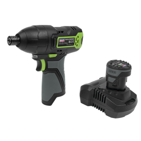A Sealey Cordless Impact Driver 1/4" Hex Drive 10.8V 2Ah SV10.8 Series - CP108VCID, in a sleek black and green design with a variable speed setting, is displayed next to its rechargeable lithium-ion battery and charger.
