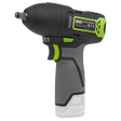 A compact Sealey cordless impact wrench, the Cordless Impact Wrench 3/8"Sq Drive 10.8V SV10.8 Series (Body Only - CP108VCIWBO), featuring a black and grey body with green accents, a visible CE mark on the back, and an integrated LED work light.