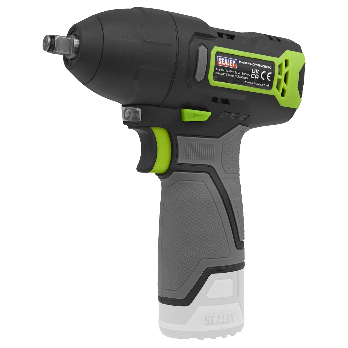 A compact Sealey cordless impact wrench, the Cordless Impact Wrench 3/8"Sq Drive 10.8V SV10.8 Series (Body Only - CP108VCIWBO), featuring a black and grey body with green accents, a visible CE mark on the back, and an integrated LED work light.