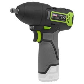 A compact Sealey cordless impact wrench, the Cordless Impact Wrench 3/8"Sq Drive 10.8V SV10.8 Series (Body Only - CP108VCIWBO), featuring a black and grey body with green accents, a visible CE mark on the back, and an integrated LED work light.