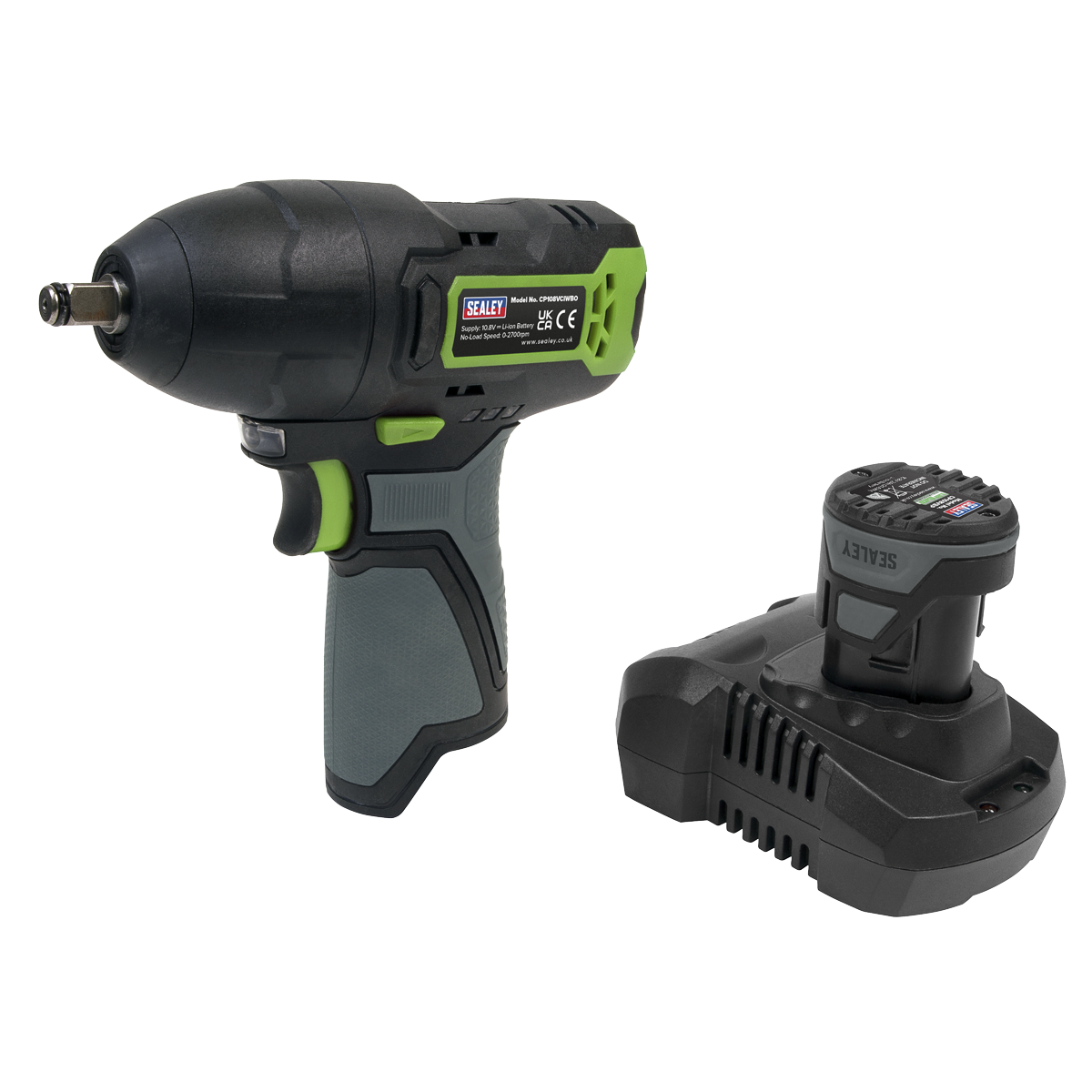 A Sealey Cordless Impact Wrench 3/8"Sq Drive 10.8V 2Ah SV10.8 Series - CP108VCIW, featuring a green and black handle, is shown alongside a rechargeable lithium-ion battery and charger.