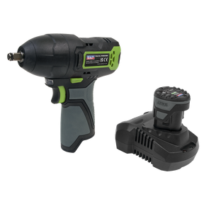 A Sealey Cordless Impact Wrench 3/8"Sq Drive 10.8V 2Ah SV10.8 Series - CP108VCIW, featuring a green and black handle, is shown alongside a rechargeable lithium-ion battery and charger.