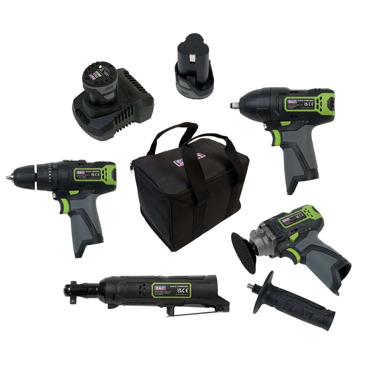 A versatile set of Sealey cordless power tools from the SV10.8 Series, including a drill, impact driver, angle grinder, ratchet, two 10.8V lithium-ion batteries, charger, and black carrying bag (CP108VCOMBO1).