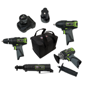 A versatile set of Sealey cordless power tools from the SV10.8 Series, including a drill, impact driver, angle grinder, ratchet, two 10.8V lithium-ion batteries, charger, and black carrying bag (CP108VCOMBO1).