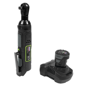 A Sealey Cordless Ratchet Wrench 45Nm 3/8"Sq Drive 10.8V 2Ah SV10.8 Series - CP108VCRW sits beside a battery charger with a detached rechargeable lithium-ion battery.