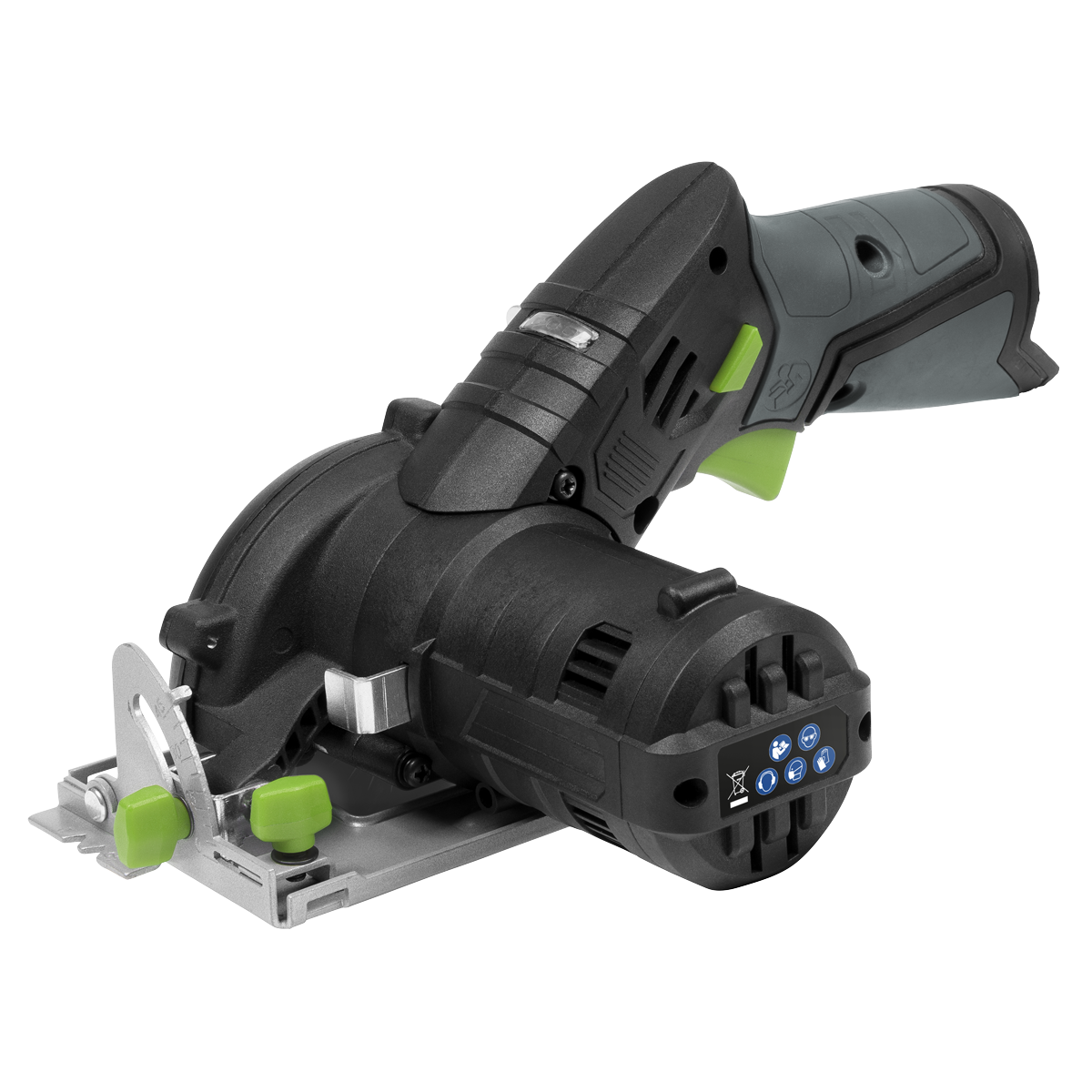 A Sealey CP108VCS Cordless Circular Saw Kit from the SV10.8 Series with a 10.8V 2Ah battery, featuring an ergonomic handle and adjustment knobs, is shown in black and green.