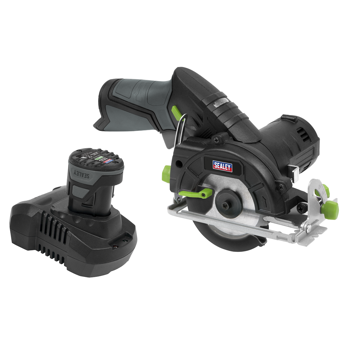 A Cordless Circular Saw Kit 10.8V 2Ah from Sealey's SV10.8 Series, including an Ø85mm black and green handheld saw labeled CP108VCS, placed next to a 10.8V rechargeable battery pack and charger.