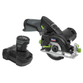 A Cordless Circular Saw Kit 10.8V 2Ah from Sealey's SV10.8 Series, including an Ø85mm black and green handheld saw labeled CP108VCS, placed next to a 10.8V rechargeable battery pack and charger.