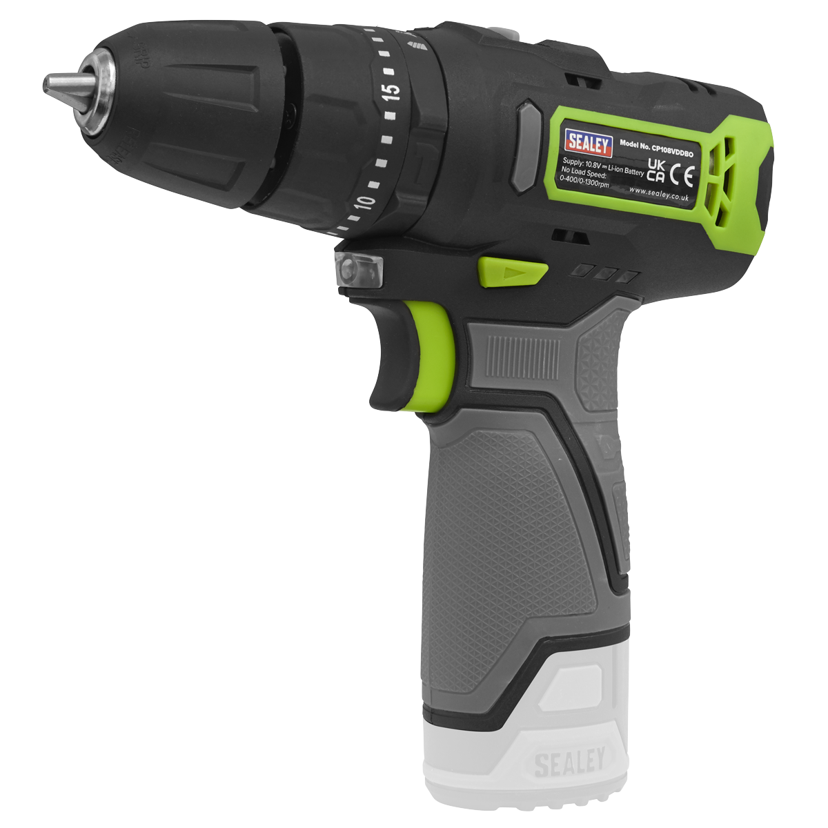 The Sealey Cordless Combi Drill Ø10mm 10.8V SV10.8 Series - Body Only (CP108VDDBO) features a sleek black, green, and gray design. It is equipped with a 10.8V battery, clearly labeled controls on the body, and includes a drill bit at the front. This model also boasts a hammer function for added versatility.