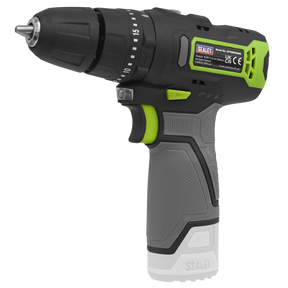 The Sealey Cordless Combi Drill Ø10mm 10.8V SV10.8 Series - Body Only (CP108VDDBO) features a sleek black, green, and gray design. It is equipped with a 10.8V battery, clearly labeled controls on the body, and includes a drill bit at the front. This model also boasts a hammer function for added versatility.