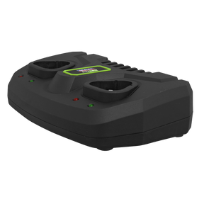 A black dual-port battery charger from Sealey's 10.8V Lithium-ion SV10.8 Series, model CP108VMC2, with LED indicator lights is shown. The charger has a rectangular base featuring two circular slots for battery insertion, supporting the "one battery fits all" concept.