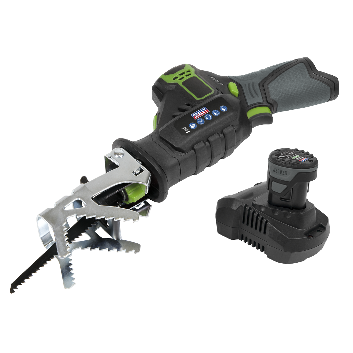 The Sealey Cordless Reciprocating Saw Kit 10.8V 2Ah SV10.8 Series - CP108VRS features a detachable blade, ergonomic grip, and a separate lithium-ion battery pack lying next to it.