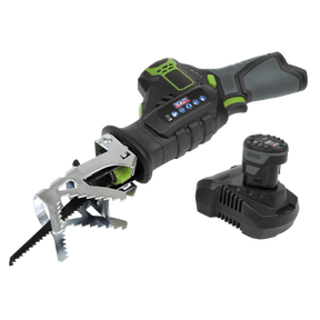 The Sealey Cordless Reciprocating Saw Kit 10.8V 2Ah SV10.8 Series - CP108VRS features a detachable blade, ergonomic grip, and a separate lithium-ion battery pack lying next to it.