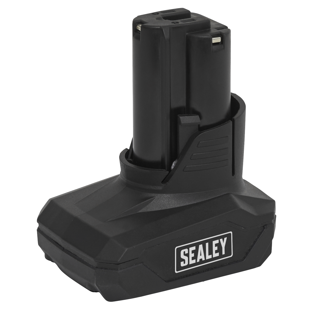 A Sealey Power Tool Battery 12V 3Ah Lithium-ion for SV12 Series - CP1200BP3, featuring dual terminals, high energy density, and a compact design.