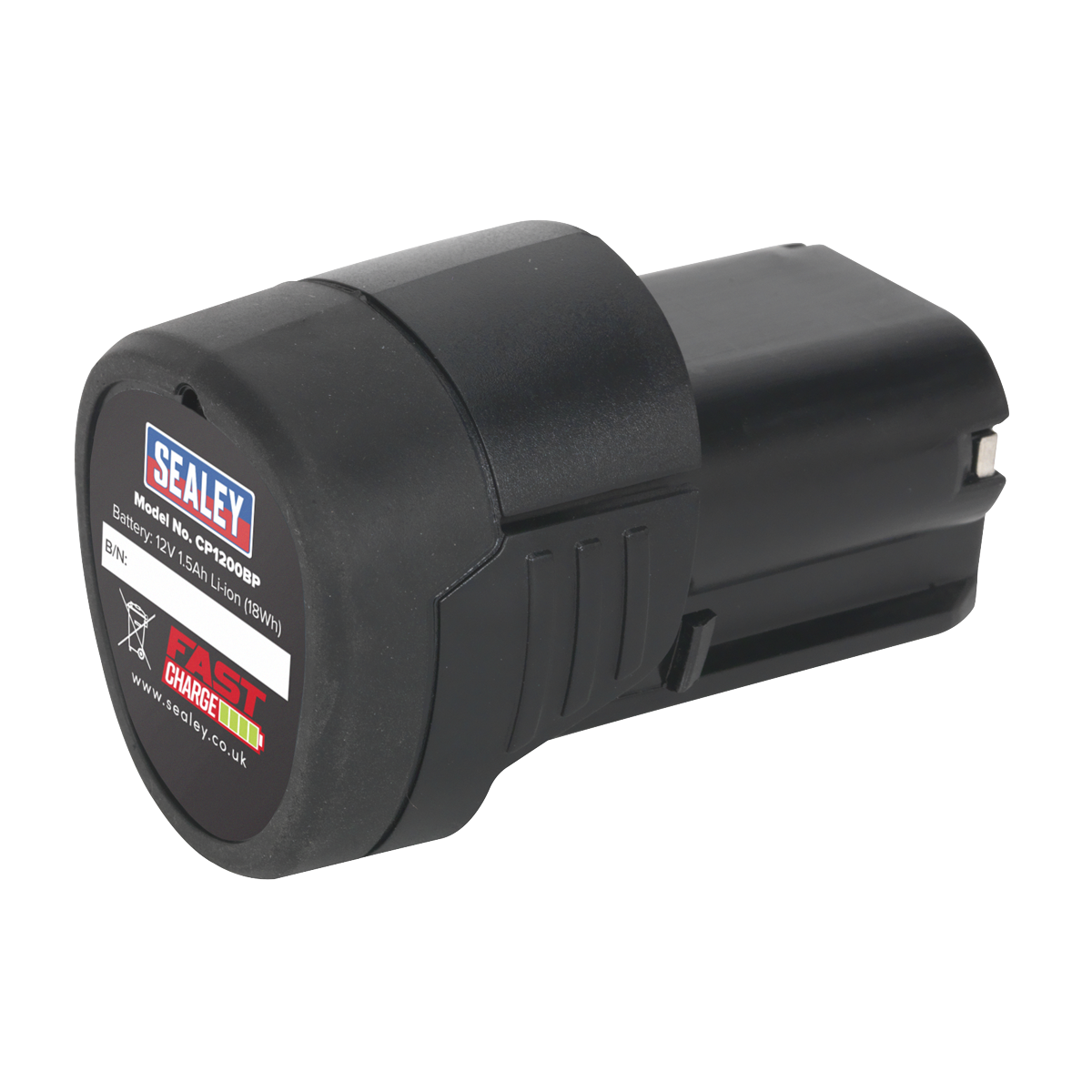 A black Sealey CP1200BP 12V 1.5Ah lithium-ion battery pack, branded with a "Fast Charge" label and designed for use with compatible SV12 Series power tools, featuring a flat discharge curve.