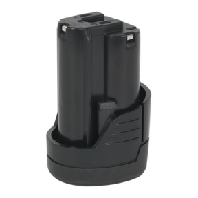 Sealey Power Tool Battery 12V 1.5Ah Lithium-ion for SV12 Series - CP1200BP is a black rechargeable battery pack with two terminals on top, designed for power tools and featuring lithium-ion batteries for a flat discharge curve.